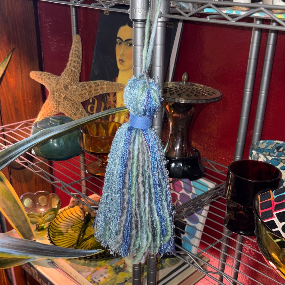 9” Handcrafted Blue and Green Tassel Decor - handmade and vintage yarn